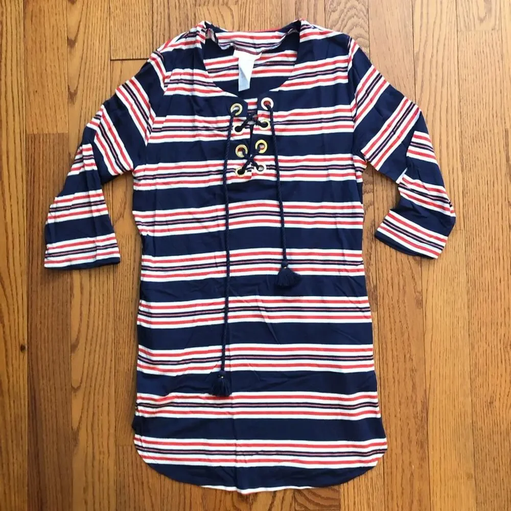 La Blanca Sailor Stripe Lace-Up Swim Blue Cover-Up Tunic Women's Size S NWOT